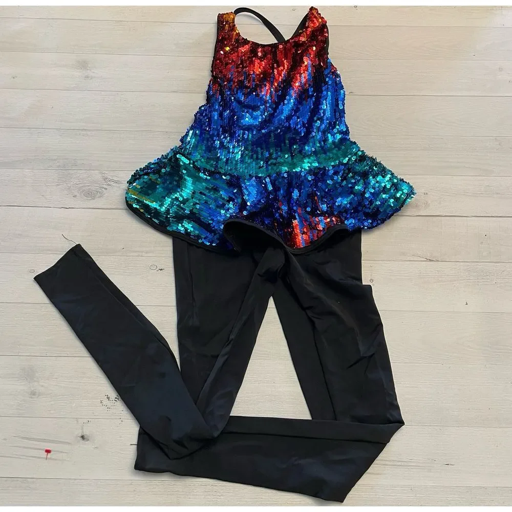WEISSMAN‎ dance costume Rainbow Sequin Unitard child MC